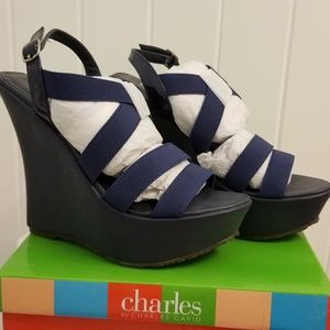 Charles David strappy navy/blue wedges size 7 NWT